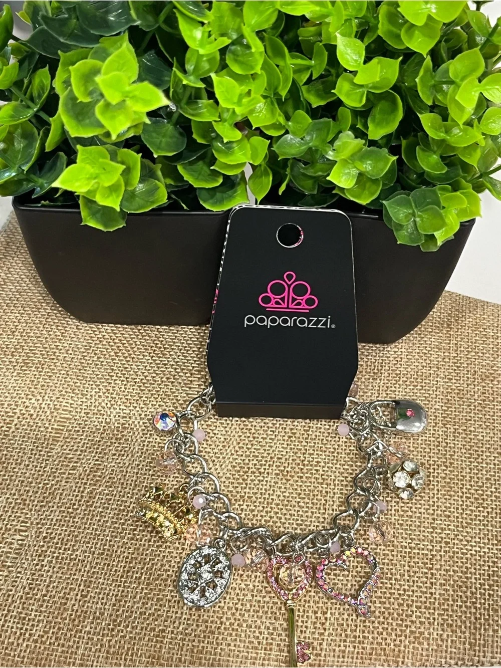Paparazzi Silver and Pink Crystal Charm Bracelet